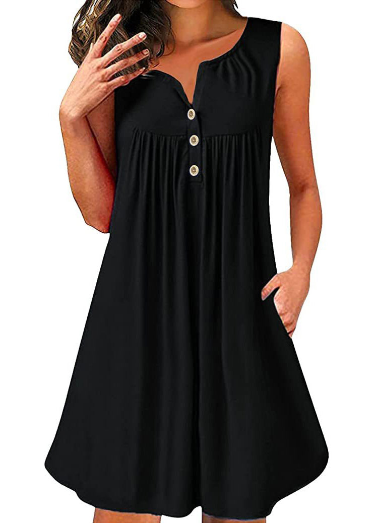 Red V Neck Wrinkled Cotton Mid Dress Sleeveless