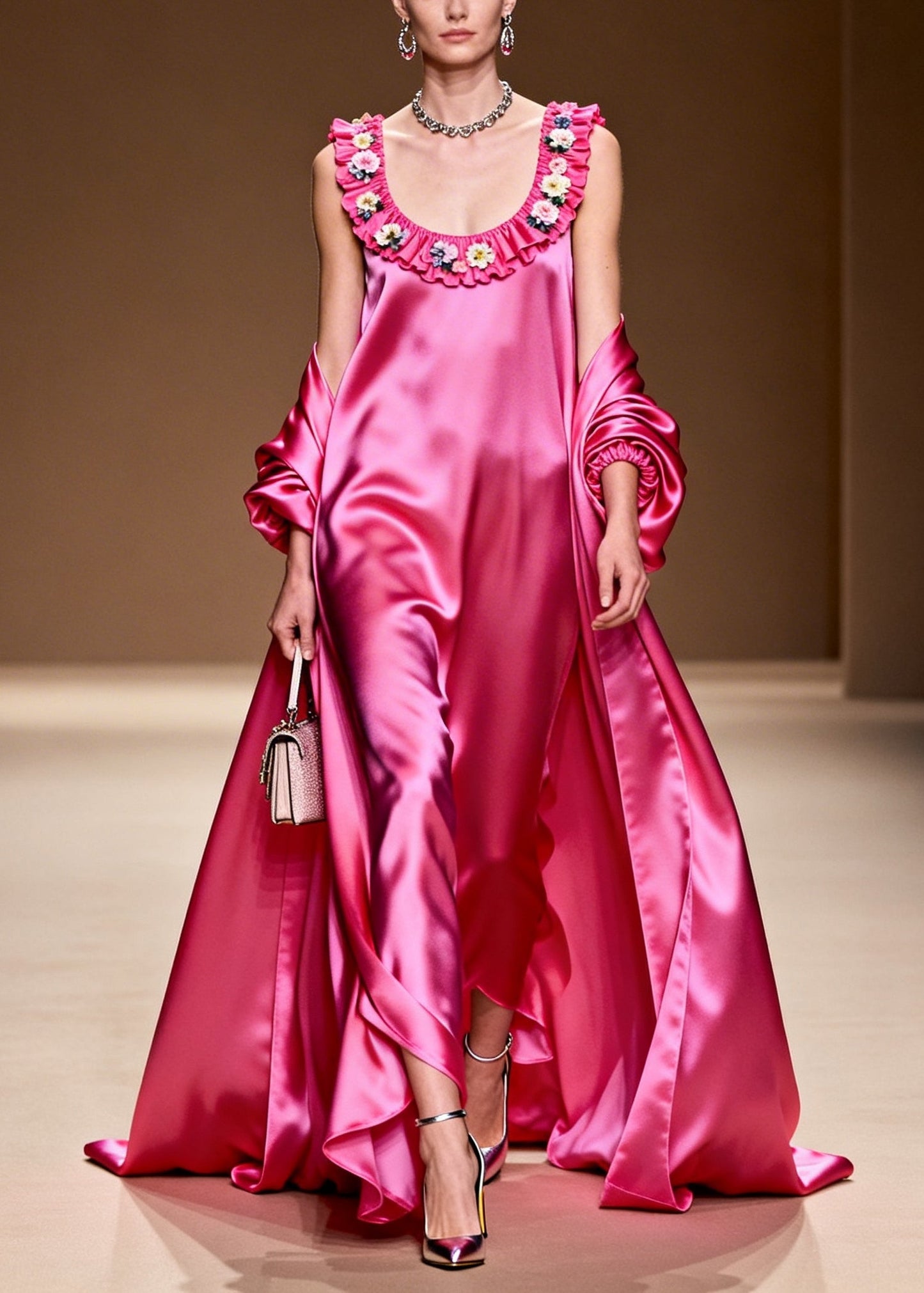 Rose U Neck Exra Large Hem Silk Long Dress Summer