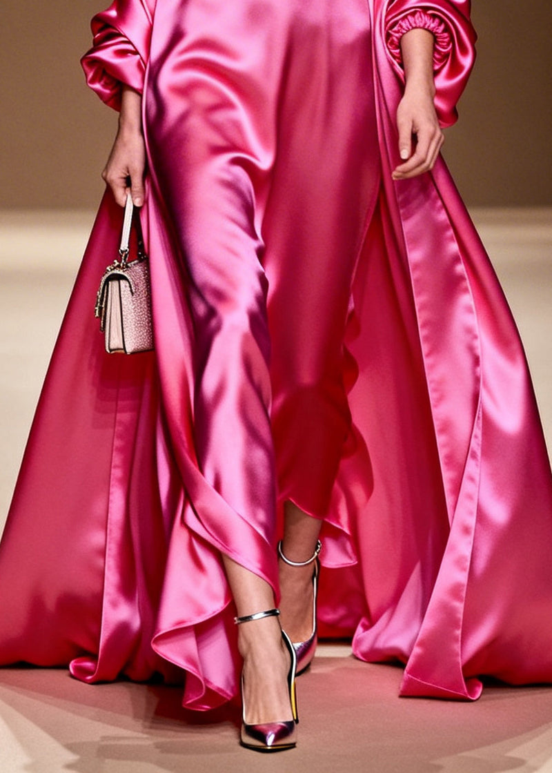 Rose U Neck Exra Large Hem Silk Long Dress Summer