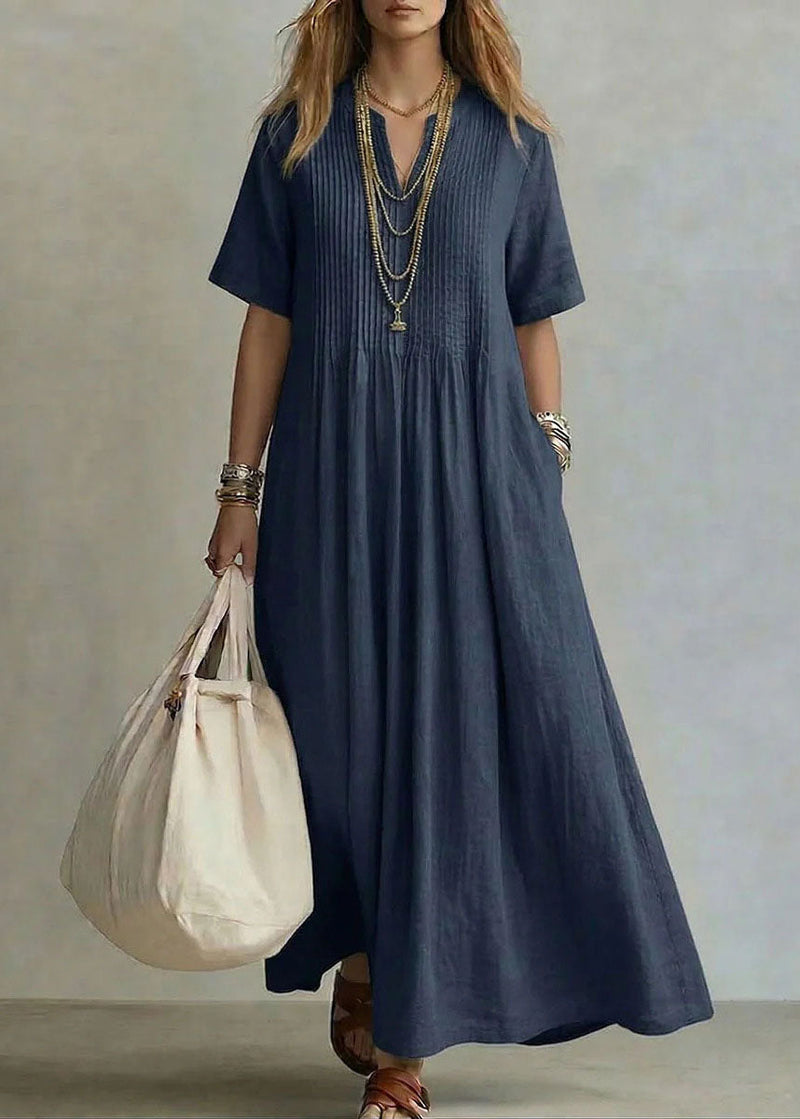 Rose V Neck Pockets Cotton Long Dress Summer