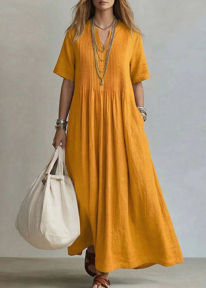 Rose V Neck Pockets Cotton Long Dress Summer