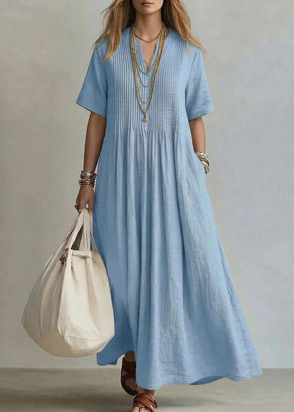 Rose V Neck Pockets Cotton Long Dress Summer