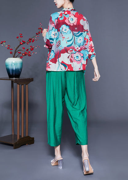 Ruffled Collar Print Cotton Linen Two Piece Set Clothing Spring