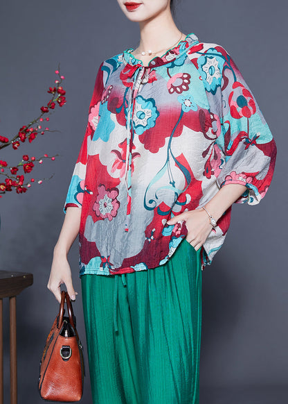 Ruffled Collar Print Cotton Linen Two Piece Set Clothing Spring