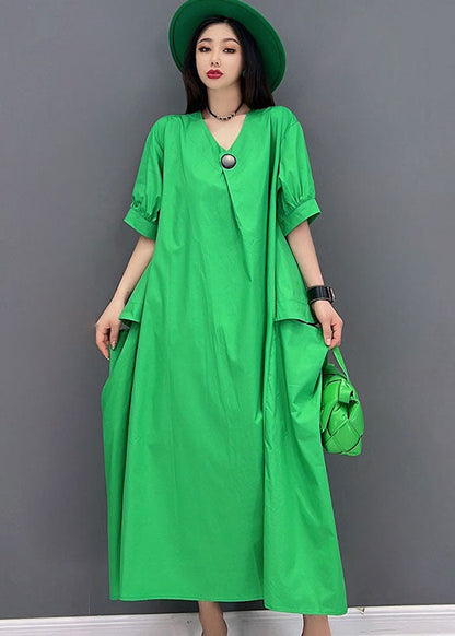 Green V Neck Big Pockets Cotton Maxi Dress Short Sleeve