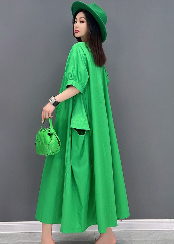 Green V Neck Big Pockets Cotton Maxi Dress Short Sleeve