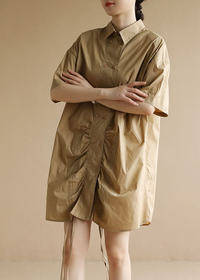 Khaki Peter Pan Collar Drawstring Double Breast Cotton Dresses Short Sleeve