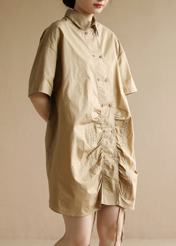 Khaki Peter Pan Collar Drawstring Double Breast Cotton Dresses Short Sleeve