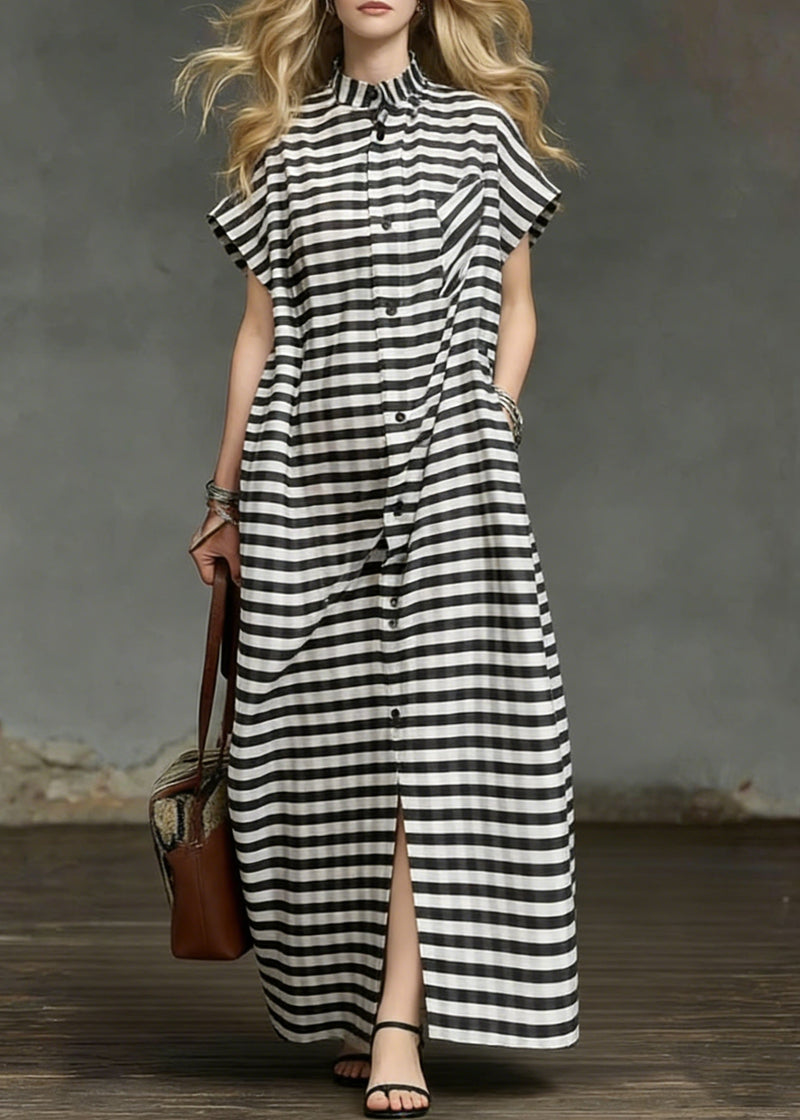 Striped Pockets Side Open Cotton Long Dresses Summer