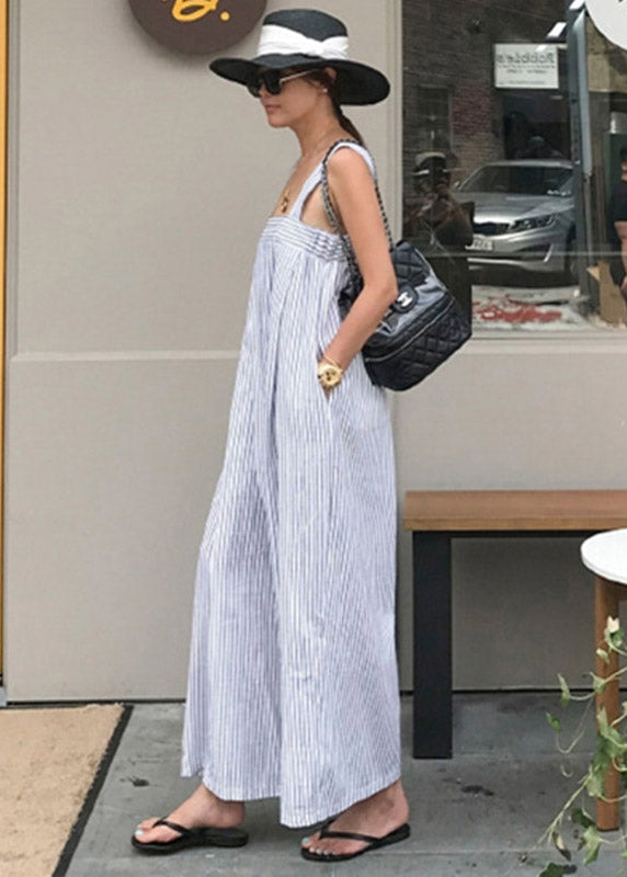 Striped Pockets Wide Leg Jumpsuit Pants Summer