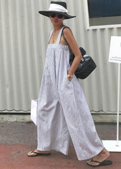 Striped Pockets Wide Leg Jumpsuit Pants Summer