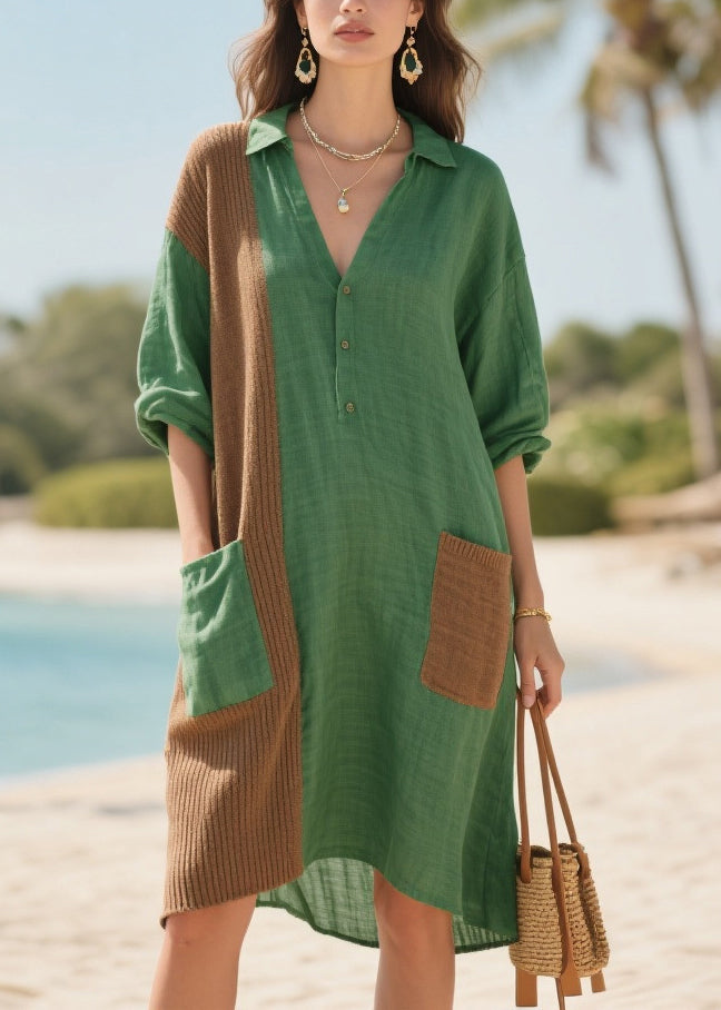 Tea Green Oversized Patchwork Pockets Cotton Mid Dresses Summer
