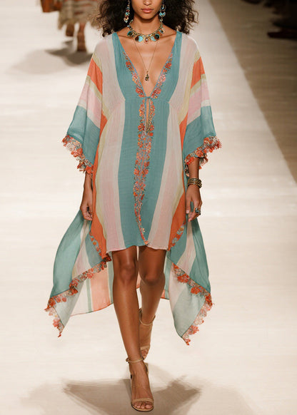 V Neck Asymmetrical Patchwork Cotton Dress Summer