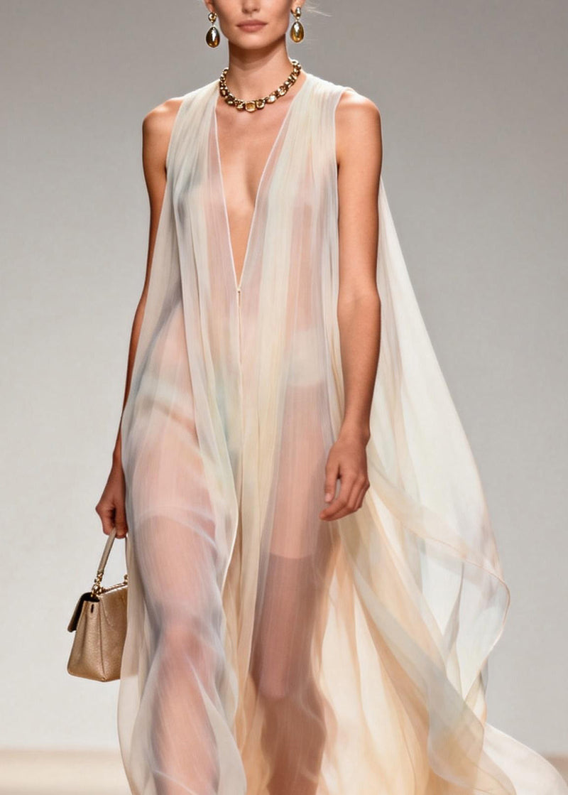 V Neck Chiffon Long Dresses Sleeveless
