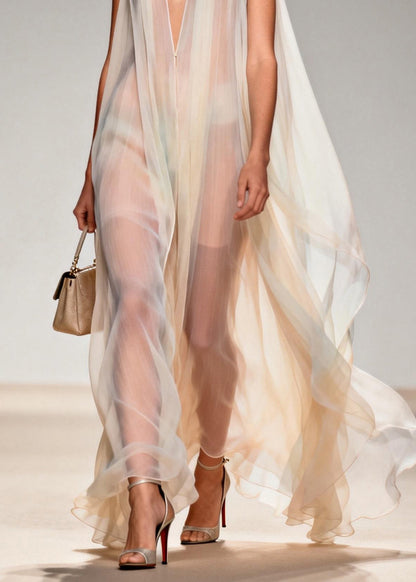 V Neck Chiffon Long Dresses Sleeveless