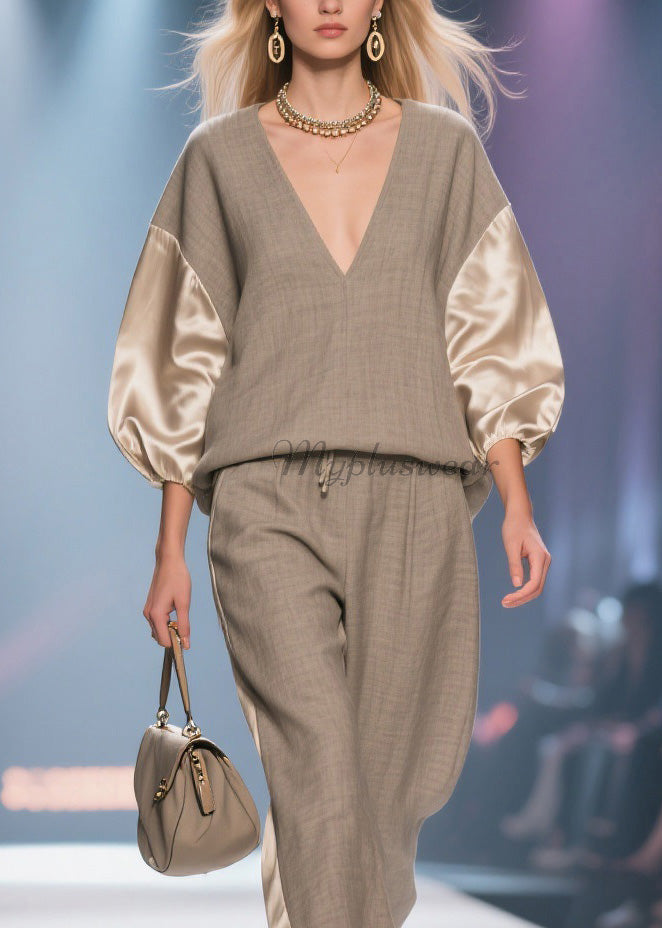 V Neck Patchwork Linen Silk Two Pieces Set Spring