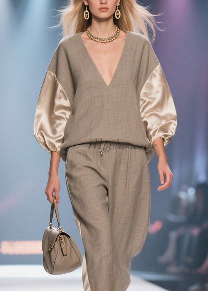 V Neck Patchwork Linen Silk Two Pieces Set Spring