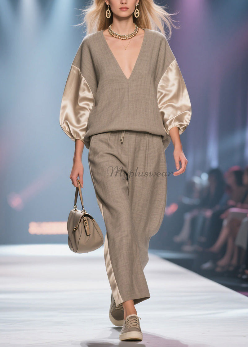 V Neck Patchwork Linen Silk Two Pieces Set Spring
