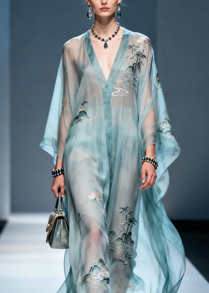 V Neck Print Chiffon Long Dress Summer