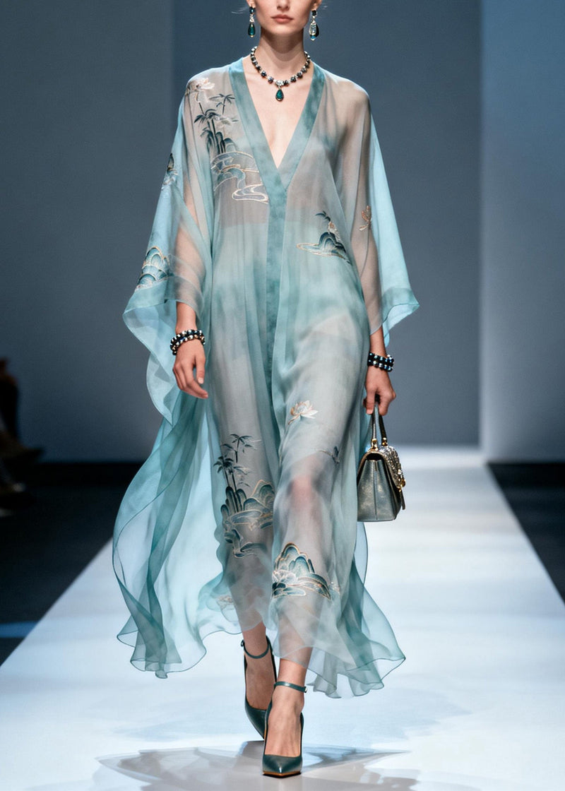 V Neck Print Chiffon Long Dress Summer