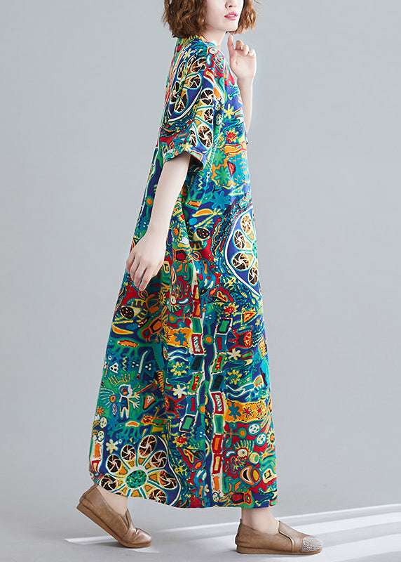 V Neck Print Holiday Long Dress Short Sleeve