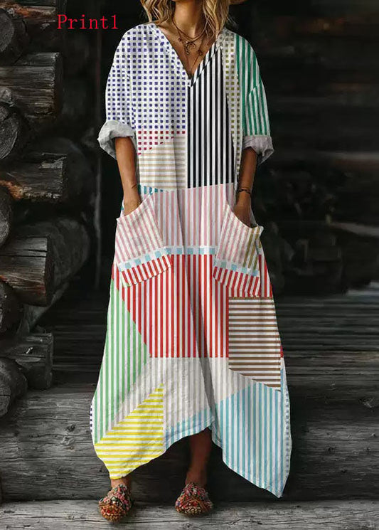 V Neck Print Pockets Cotton Long Dress Summer