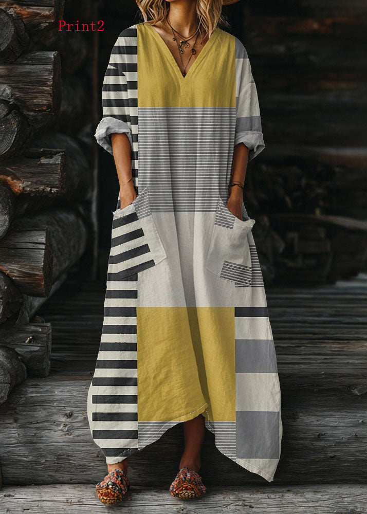 V Neck Print Pockets Cotton Long Dress Summer