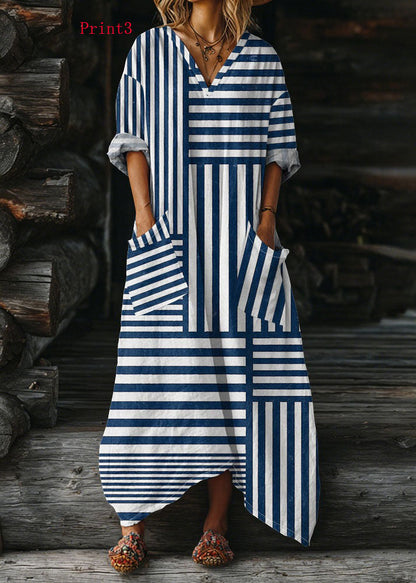 V Neck Print Pockets Cotton Long Dress Summer