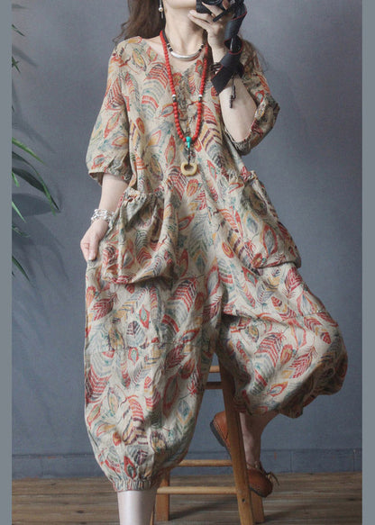 V Neck Print Pockets Linen Jumpsuit Half Sleeve