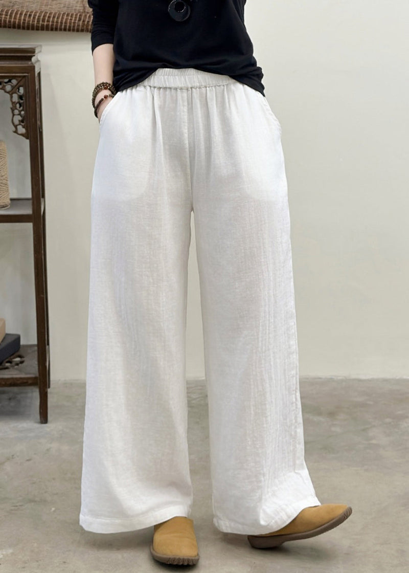 White Elastic Waist Linen Straight Pants Summer