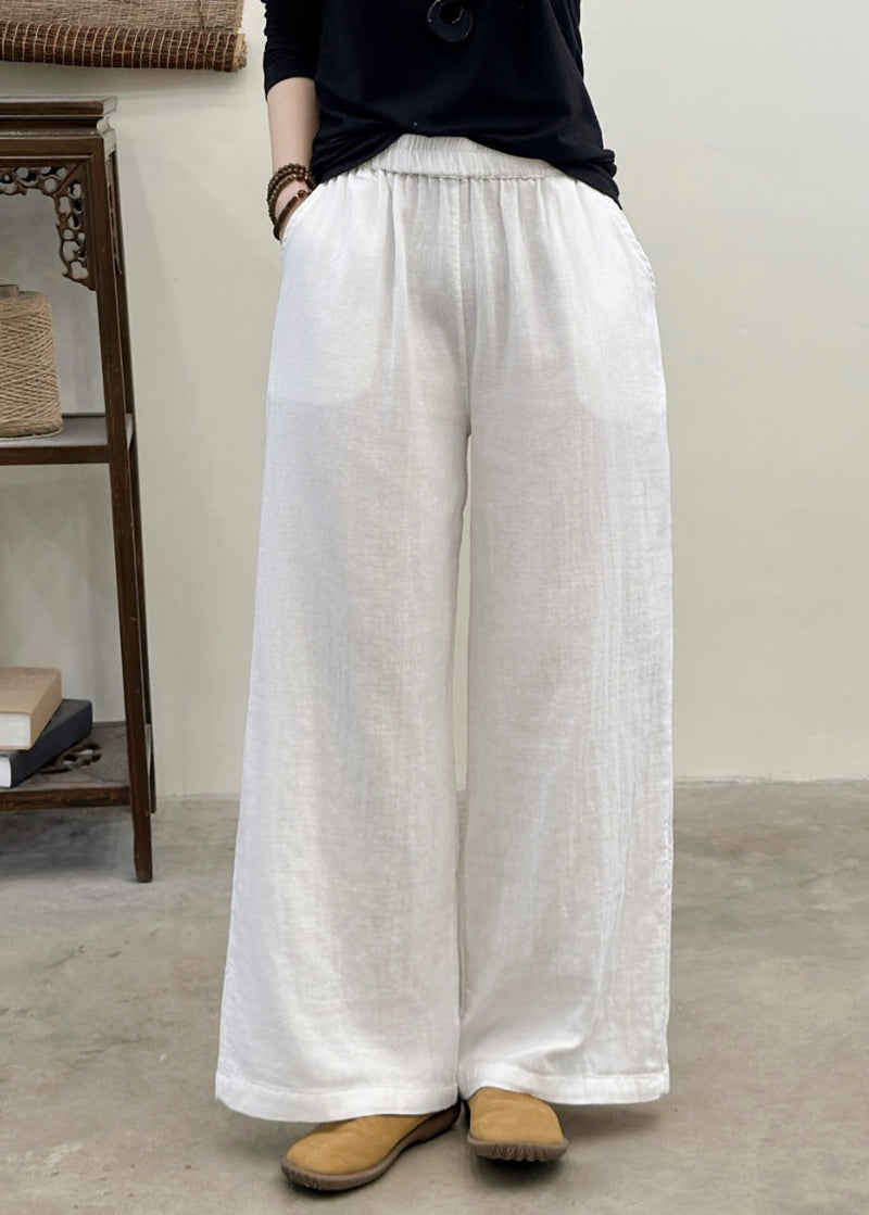 White Elastic Waist Linen Straight Pants Summer