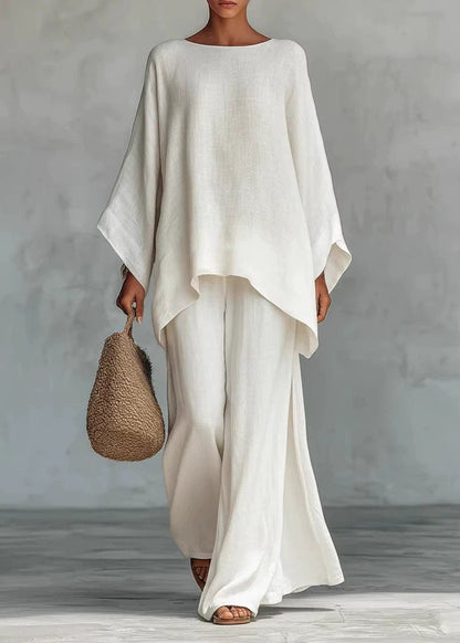 White O Neck Asymmetrical Design Cotton Two Pieces Set Summer
