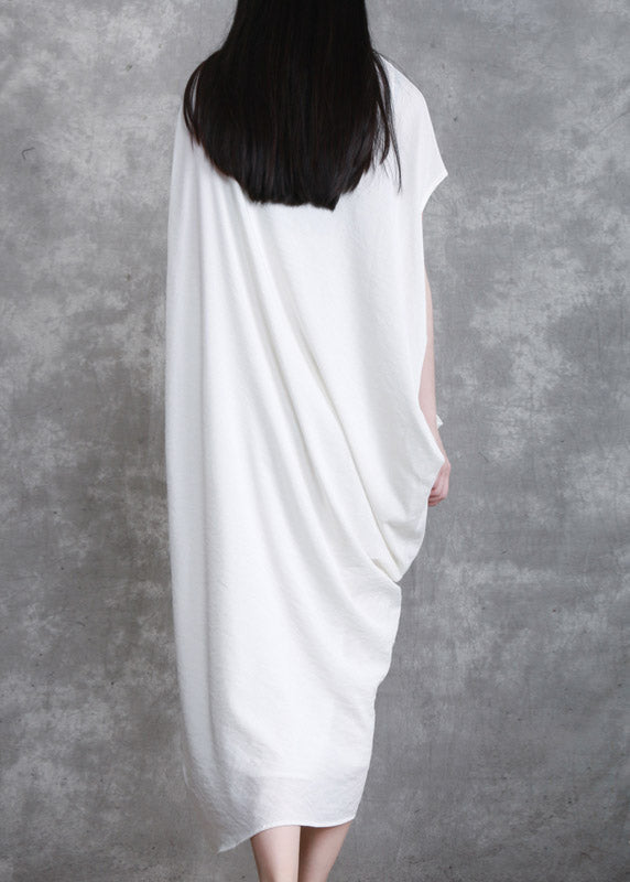 White O-neck Asymmetrical Wrinkled Linen Dress Short Sleeve