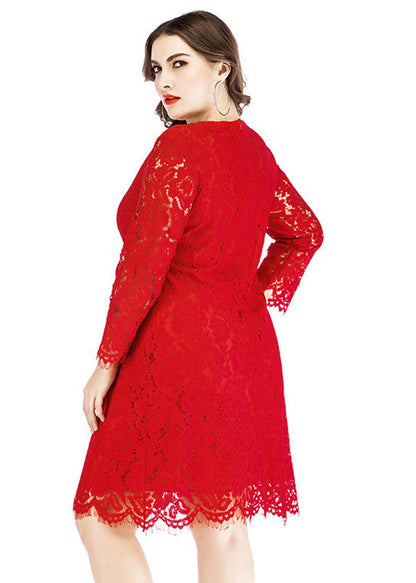 White O-neck Lace Mid Dresses Long Sleeve