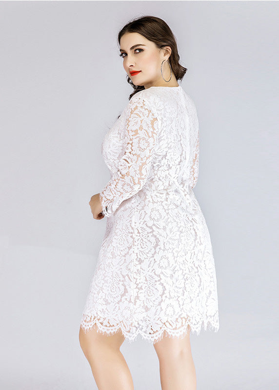 White O-neck Lace Mid Dresses Long Sleeve
