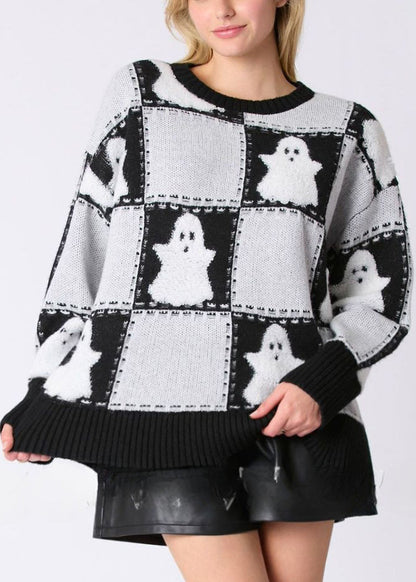 White O Neck Plaid Knit Sweater Long Sleeve