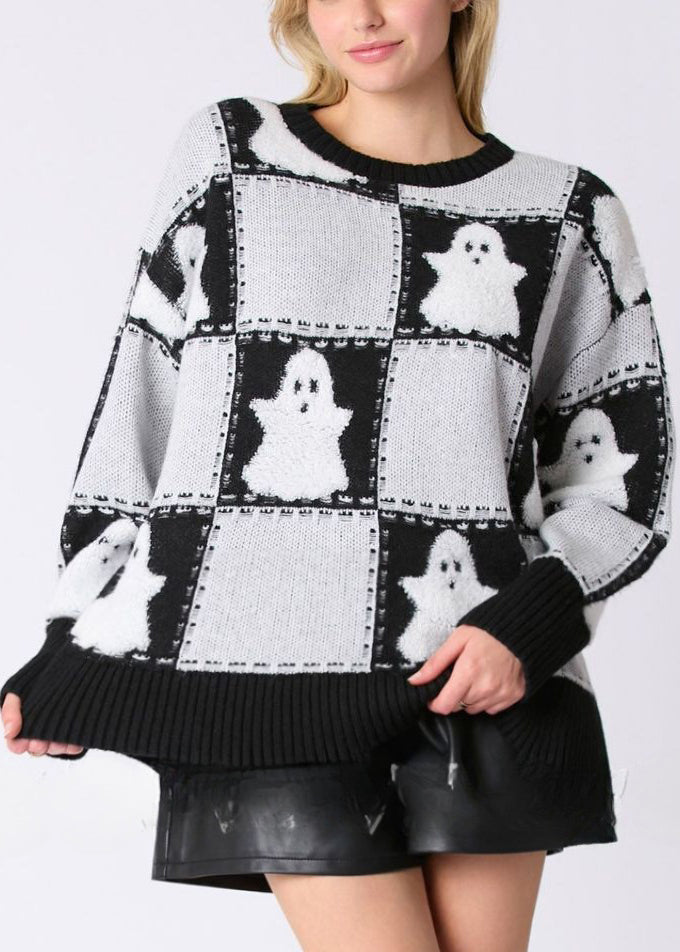 White O Neck Plaid Knit Sweater Long Sleeve
