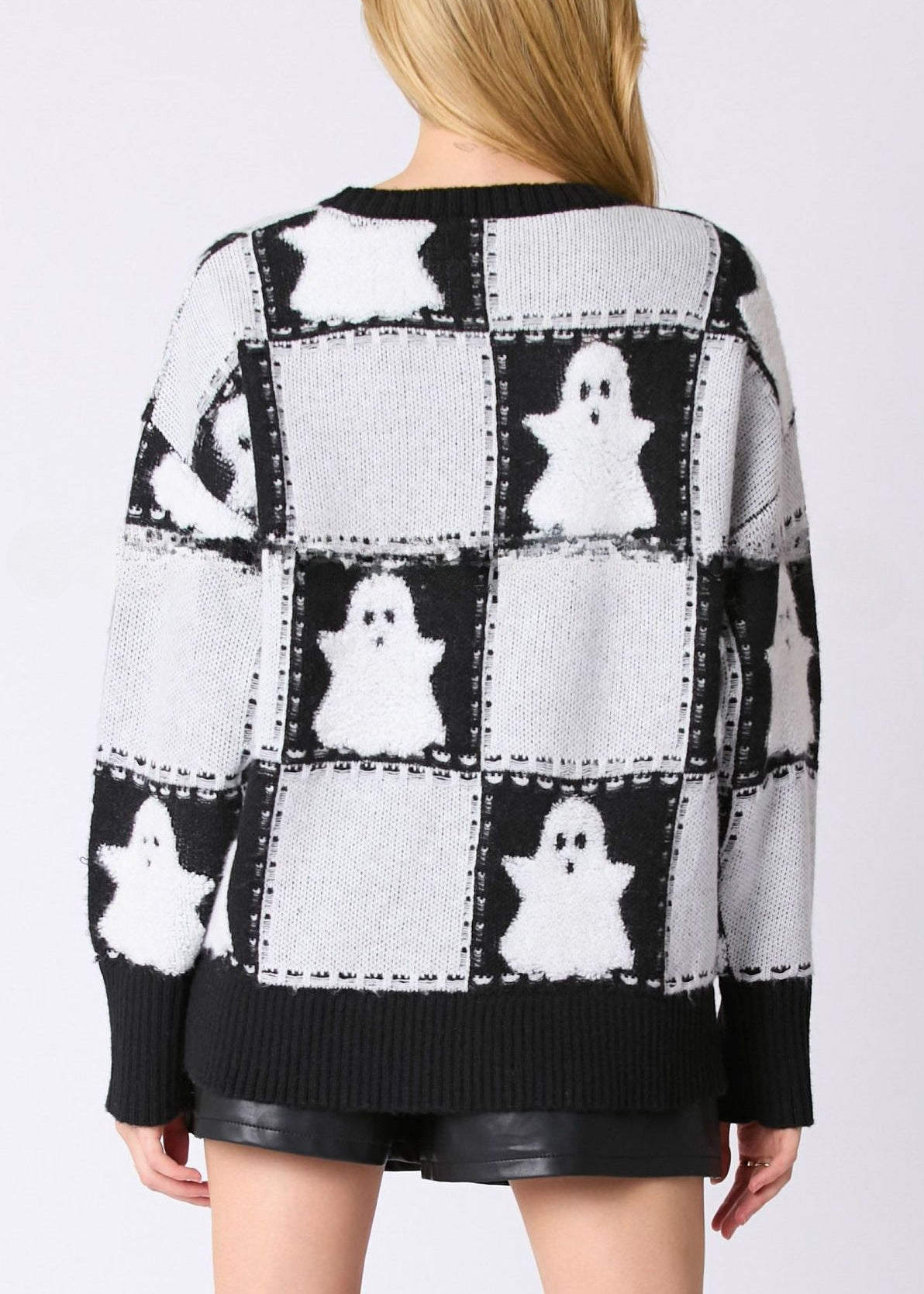 White O Neck Plaid Knit Sweater Long Sleeve