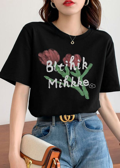 White O Neck Print Cotton T Shirt Short Sleeve