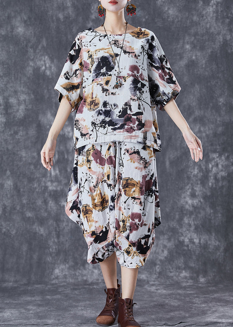 White O-neck Tie Dye Linen Two Pieces Set Summer