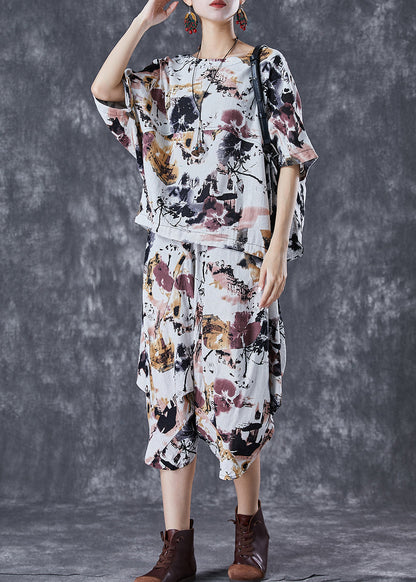White O-neck Tie Dye Linen Two Pieces Set Summer