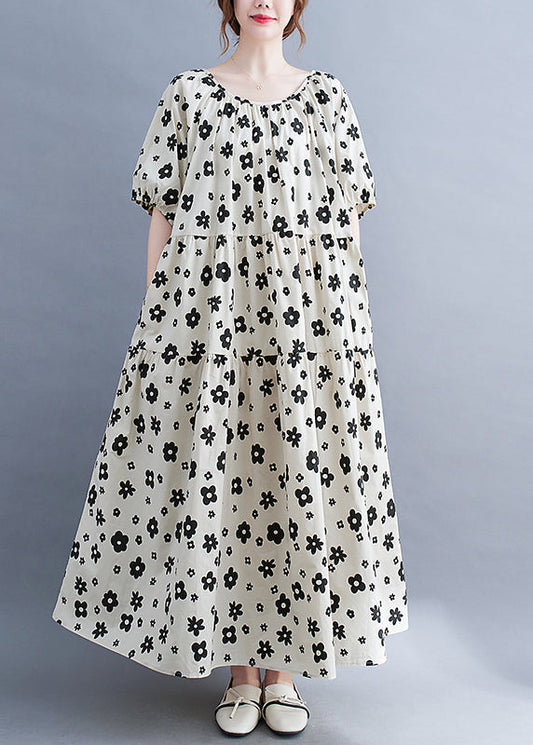 White O-neck Wrinkled Print Beach Dress Short Sleeve