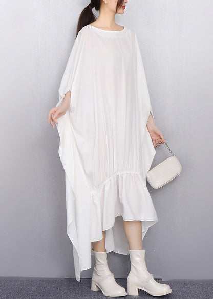 White Oversized Low High Design Cotton Dress Batwing Sleeve