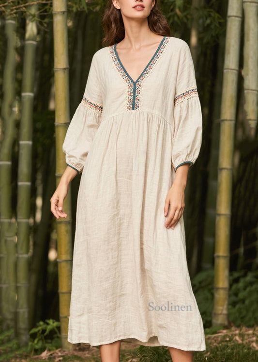 White V Neck Patchwork Linen Dress Bracelet Sleeve