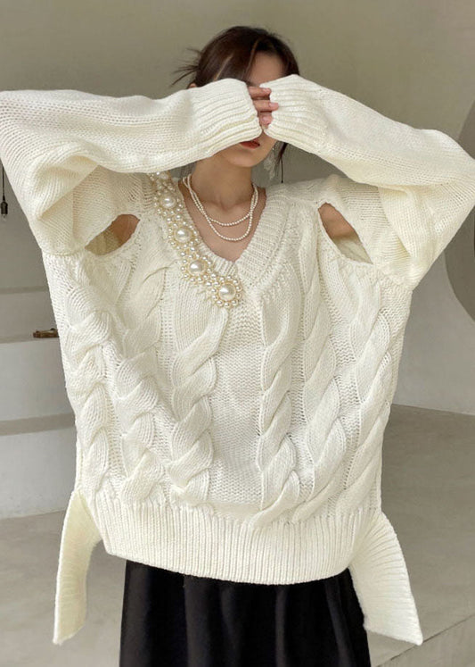 White V Neck Thick Knit Sweaters Winter