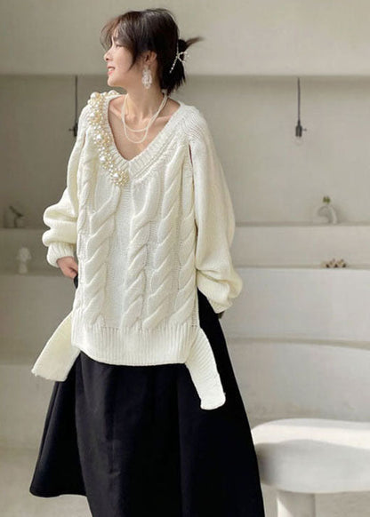 White V Neck Thick Knit Sweaters Winter