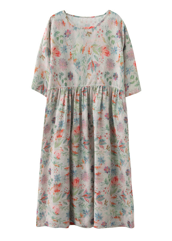 Wrinkled Print Exra Large Hem Linen Long Dress Three Quarter Sleeve