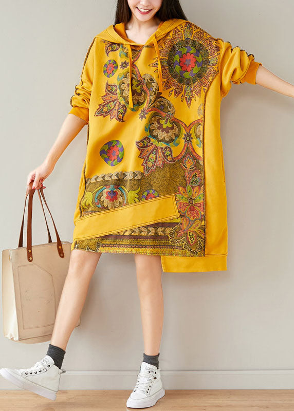 Yellow Hooded Asymmetrical Design Patchwork Cotton Mid Dresses Spring