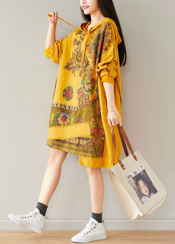 Yellow Hooded Asymmetrical Design Patchwork Cotton Mid Dresses Spring
