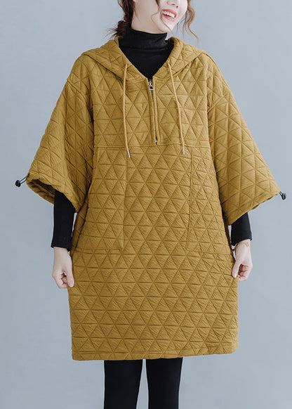 Yellow Hooded Drawstring Thick Mid Dress Long Sleeve
